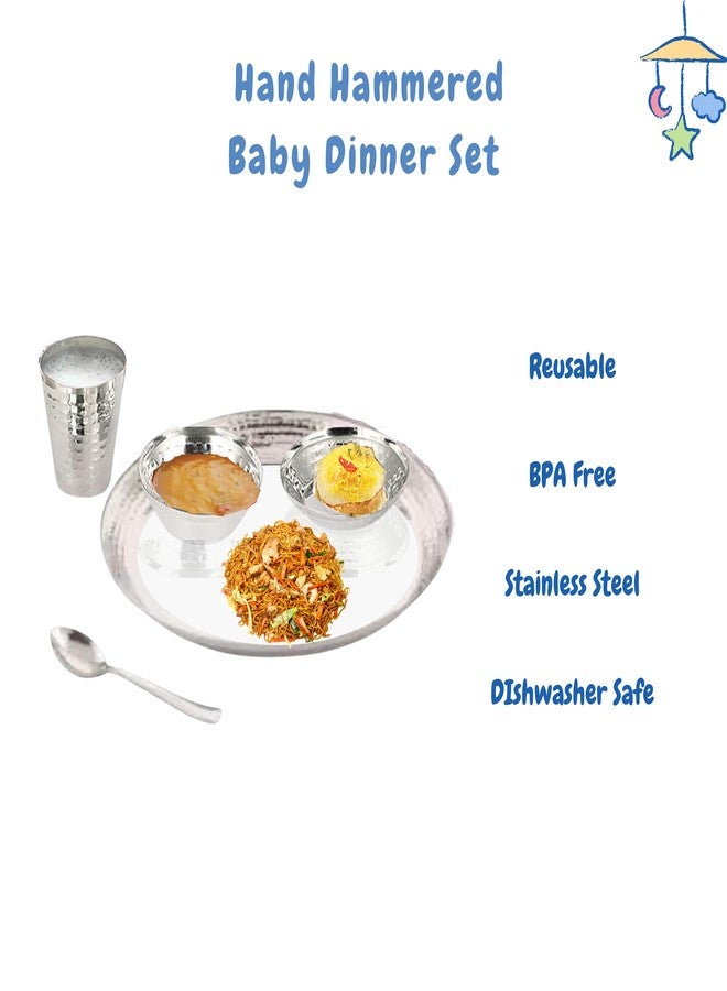 Ebun Stainless Steel Hammered Baby Dinner Set | Dinner Set for Kids | Baby Dinner Set for Birthday Gift | Steel Plates for Kids | Gifts for Kid | Baby Gift Set for New Born | Pack of 2 | 10 Pcs Set - Image 4