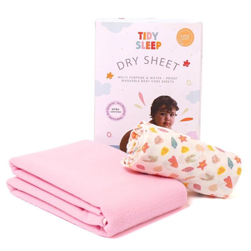TIDY SLEEP Waterproof Baby Dry Sheet with Muslin Swaddle for New Born Baby Pink Medium (Shell) - Image 1