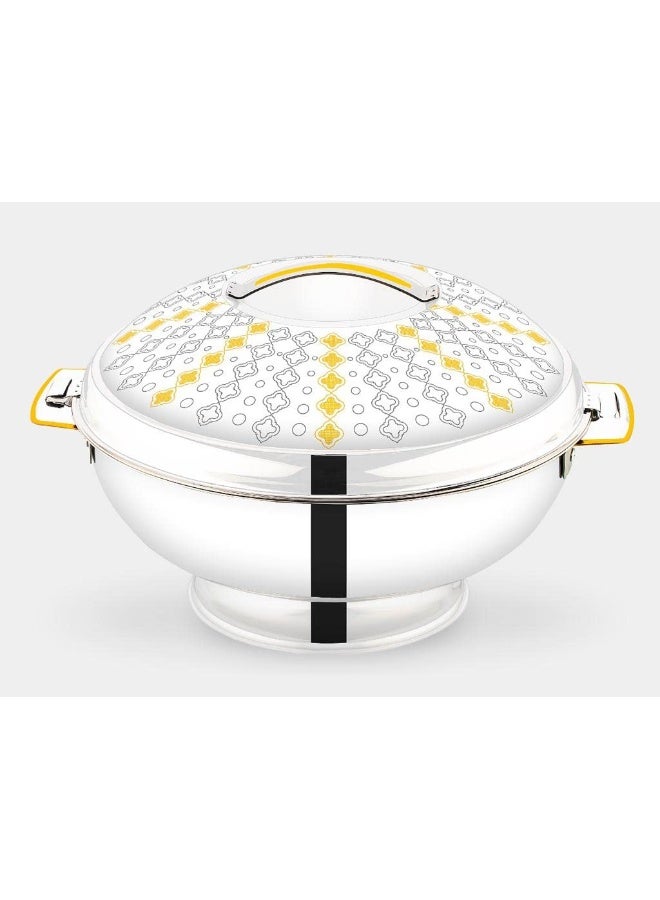 Stainless Steel Hotpot Casserole Thermal Serving Bowl with Yellow and White Patterned Lid, Insulated Food Warmer Pot Keeps Food Hot for Long Time During Dinners Parties and Catering Events