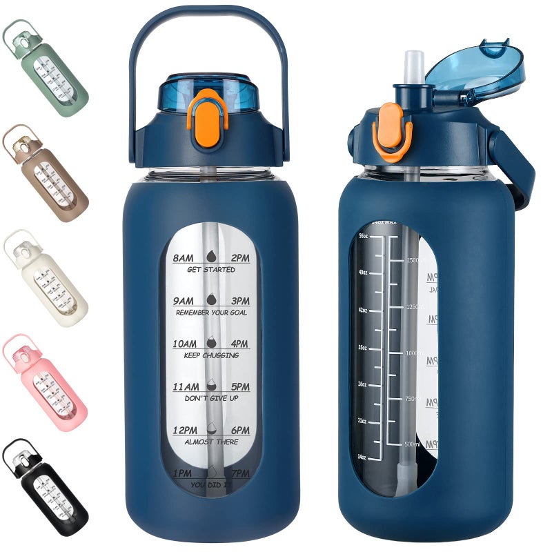 kytffu 64oz Glass Water Bottles with Straw Half Gallon Motivational Glass Bottle with Silicone Sleeve and Time Marker 2L Leakproof Large Glass Water Jug for Gym Home OfficeBlue