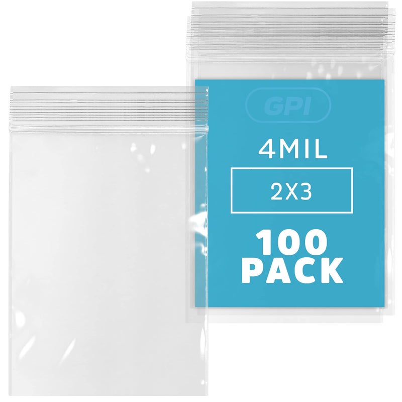 CLEAR PLASTIC REUSABLE ZIP BAGS - Bulk GPI Pack of 100, 2" x 3" 4mil Thick Heavy Duty, Strong & Durable Poly Baggies with Resealable Zip Top Lock For Travel, Storage, Packaging & Shipping.