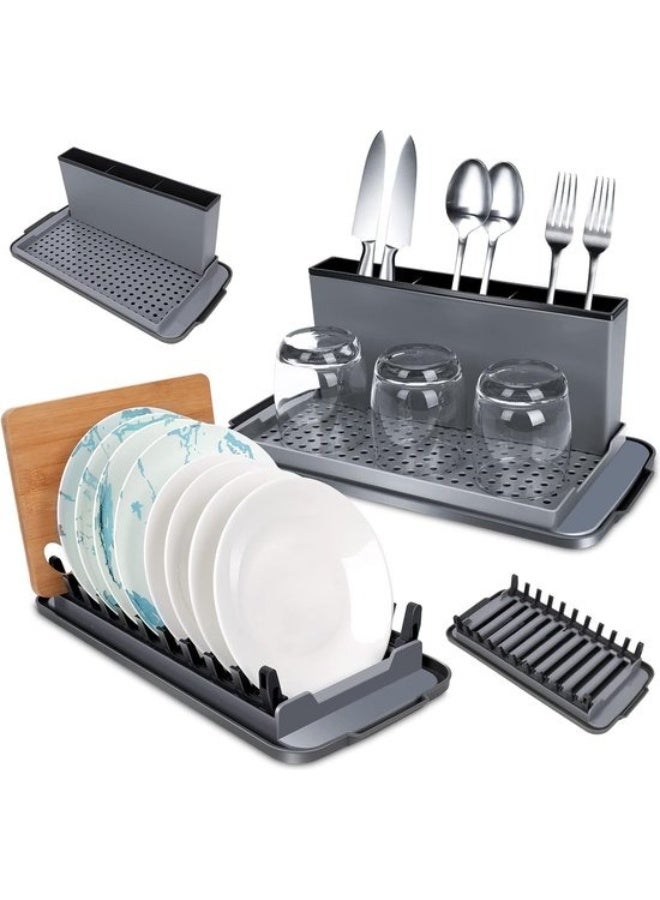 رف أطباق بلاستيكي مدمج مع حامل أدوات مائدة وسجادة تجفيف من الألياف الدقيقة قابلة للغسل - منظم مطبخ مقاوم للكسر وسهل التركيب للأطباق والأكواب والأواني - Image 1