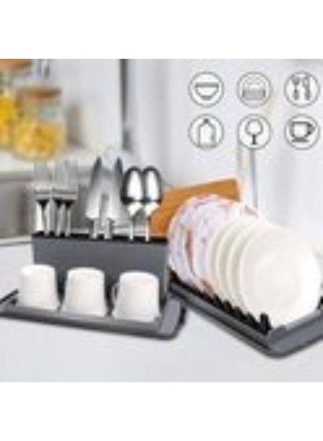 رف أطباق بلاستيكي مدمج مع حامل أدوات مائدة وسجادة تجفيف من الألياف الدقيقة قابلة للغسل - منظم مطبخ مقاوم للكسر وسهل التركيب للأطباق والأكواب والأواني - Image 2