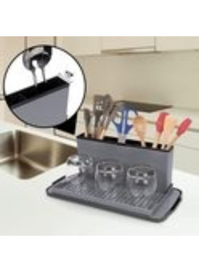 رف أطباق بلاستيكي مدمج مع حامل أدوات مائدة وسجادة تجفيف من الألياف الدقيقة قابلة للغسل - منظم مطبخ مقاوم للكسر وسهل التركيب للأطباق والأكواب والأواني - Image 3