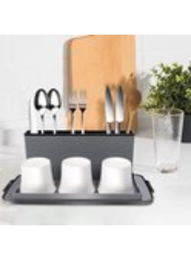 رف أطباق بلاستيكي مدمج مع حامل أدوات مائدة وسجادة تجفيف من الألياف الدقيقة قابلة للغسل - منظم مطبخ مقاوم للكسر وسهل التركيب للأطباق والأكواب والأواني - Image 4