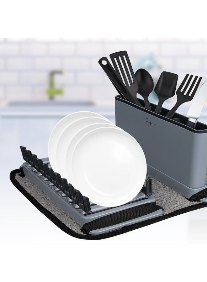 رف أطباق بلاستيكي مدمج مع حامل أدوات مائدة وسجادة تجفيف من الألياف الدقيقة قابلة للغسل - منظم مطبخ مقاوم للكسر وسهل التركيب للأطباق والأكواب والأواني - Image 5