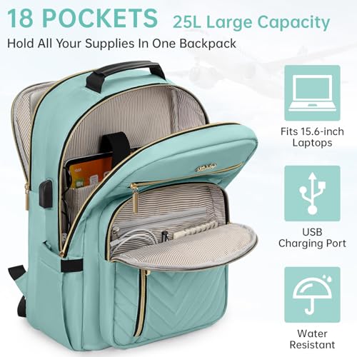 WELIDAY 15.6 Inch Laptop Backpack for Women, Large Capacity Travel Backpack Purse with Multiple Pockets and Compartments Work Business Backpacks Teacher Bags, Green - Image 2