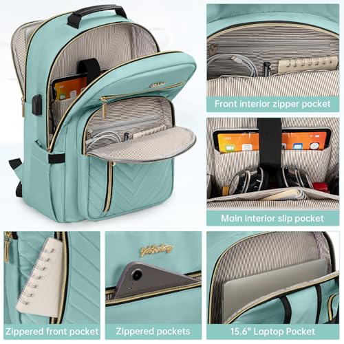 WELIDAY 15.6 Inch Laptop Backpack for Women, Large Capacity Travel Backpack Purse with Multiple Pockets and Compartments Work Business Backpacks Teacher Bags, Green - Image 4