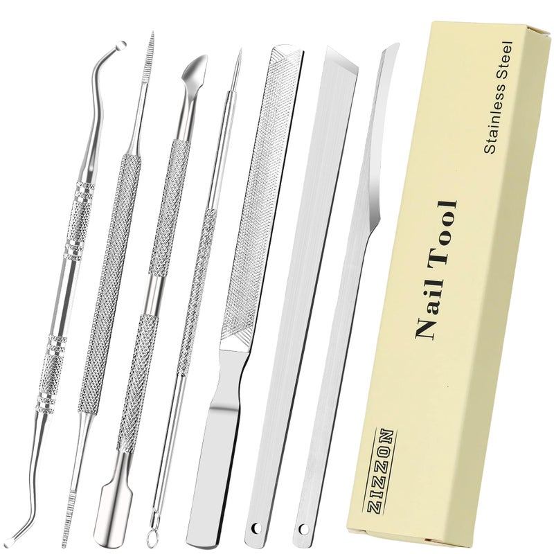 ZIZZON 7 Pcs Ingrown Toenail File and Lifters Set, Stainless Steel Ingrown Toenail Removal Kit, Under Nail Cleaner Pedicure Tools - Image 1