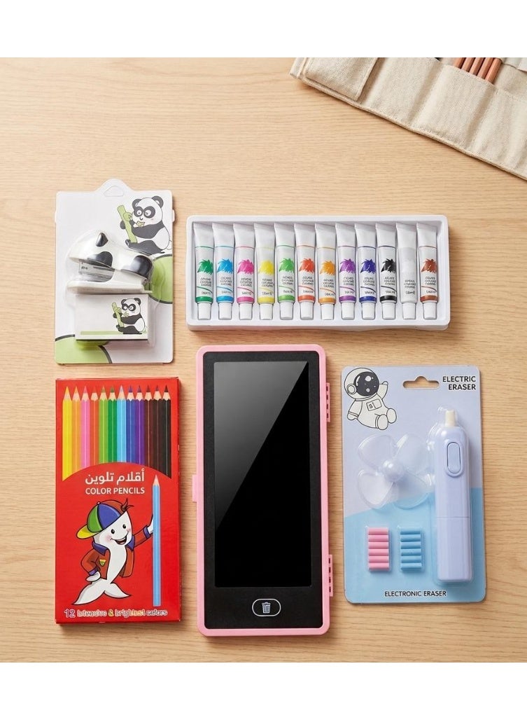 5-piece school supplies set (2-in-1 pencil case and whiteboard - 12 acrylic paint colors + 12 wooden paint colors + eraser and spare parts + stapler with staples) - Image 1