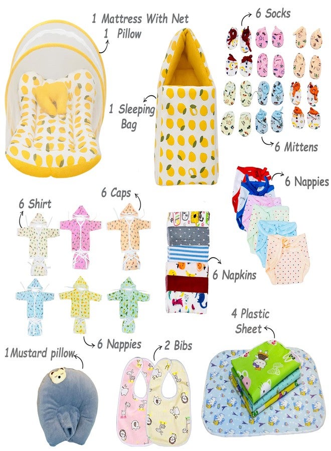 Infantbond by Fareto 52in1 Newborn Baby Essential Combo Set | Baby Bedding Set with Net, Hooded Rompers, Mittens, Booties, Nappies & More | Ideal Gift for Newborn Boys & Girls(0-6M) (Lemon Yellow) - Image 2