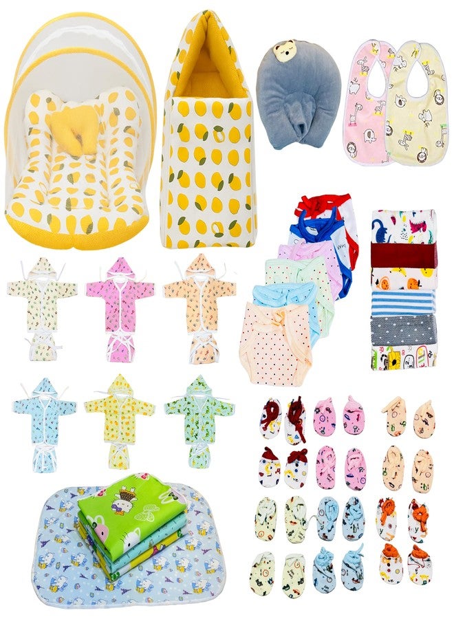 Infantbond by Fareto 52in1 Newborn Baby Essential Combo Set | Baby Bedding Set with Net, Hooded Rompers, Mittens, Booties, Nappies & More | Ideal Gift for Newborn Boys & Girls(0-6M) (Lemon Yellow) - Image 1
