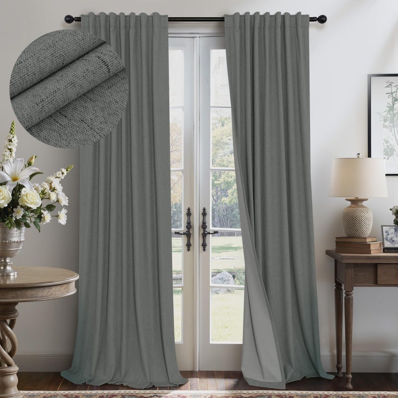 Pitalk Grey Blackout Curtains for Bedroom 84 Inch Length 2 Panel Linen Textured Thermal Insulated Winter Blocking Darkening Window Drape Black Out Long Curtain for Living Room Sliding Door Back Tab Dark Gray - Image 1