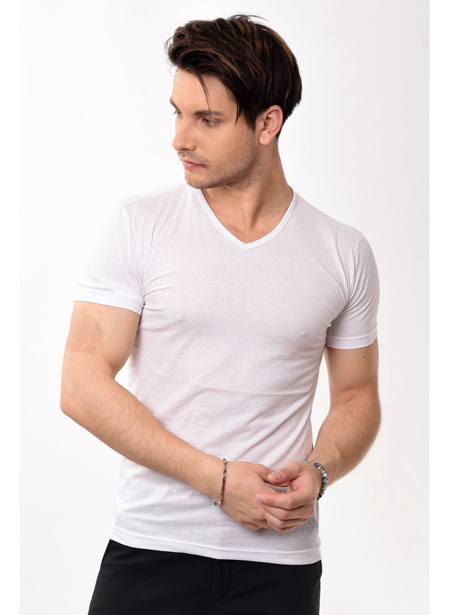 Belifanti Collection V-Neck Basic Slim Fit Men's T-Shirt White  - Image 3