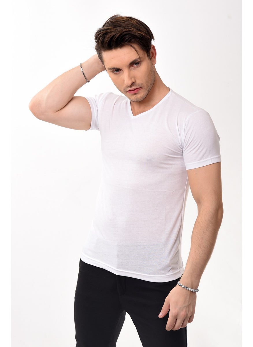 Belifanti Collection V-Neck Basic Slim Fit Men's T-Shirt White  - Image 2