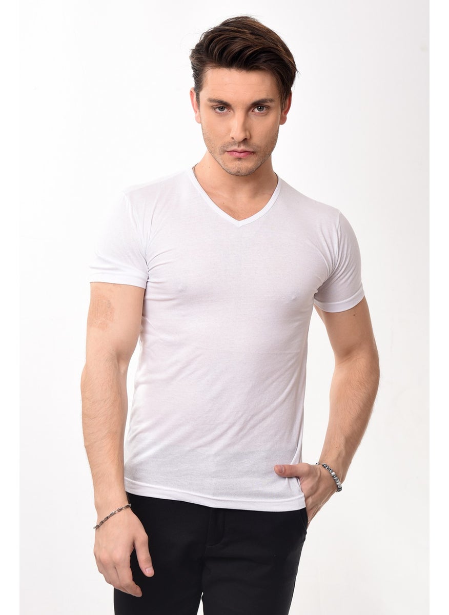 Belifanti Collection V-Neck Basic Slim Fit Men's T-Shirt White  - Image 4