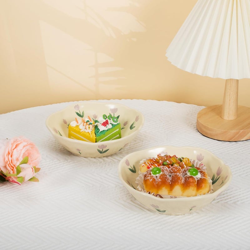 Koythin Salad Bowls Set of 2 Cute Purple Tulip Flower Ceramic Bowls Cream Yellow Serving Bowl for Pasta Cereal Fruit Soup Rice Dishwasher and Microwave Safe Purple Tulip Set of 2 - Image 4