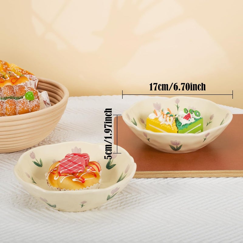 Koythin Salad Bowls Set of 2 Cute Purple Tulip Flower Ceramic Bowls Cream Yellow Serving Bowl for Pasta Cereal Fruit Soup Rice Dishwasher and Microwave Safe Purple Tulip Set of 2 - Image 2