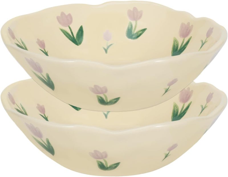 Koythin Salad Bowls Set of 2 Cute Purple Tulip Flower Ceramic Bowls Cream Yellow Serving Bowl for Pasta Cereal Fruit Soup Rice Dishwasher and Microwave Safe Purple Tulip Set of 2 - Image 1