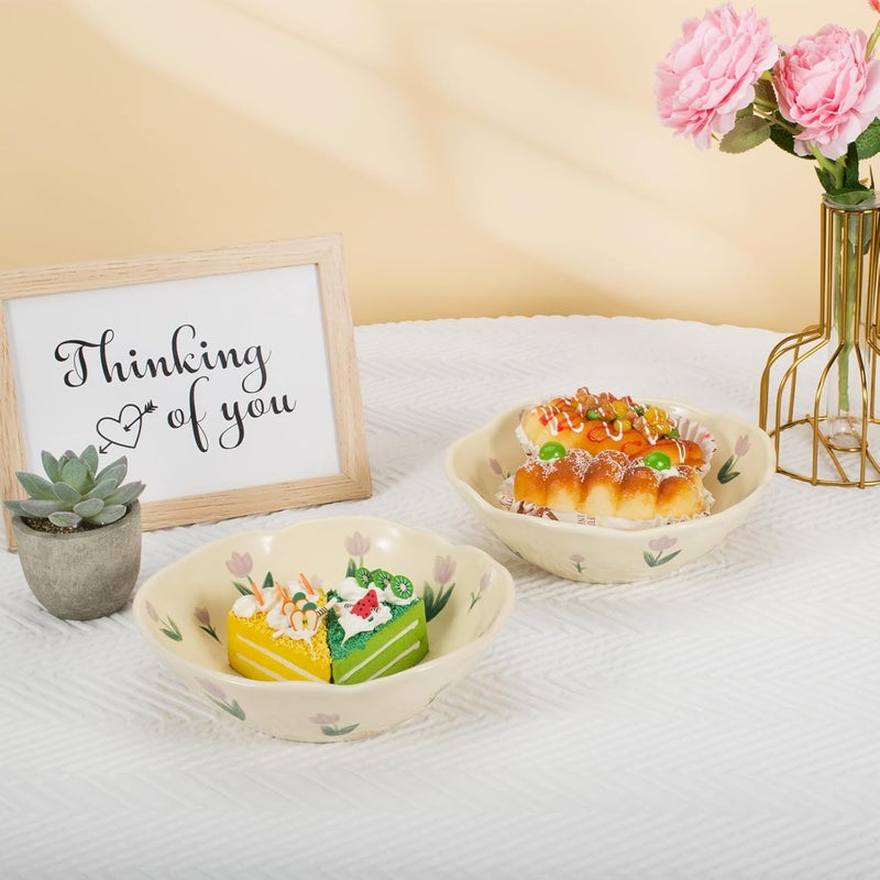 Koythin Salad Bowls Set of 2 Cute Purple Tulip Flower Ceramic Bowls Cream Yellow Serving Bowl for Pasta Cereal Fruit Soup Rice Dishwasher and Microwave Safe Purple Tulip Set of 2 - Image 3