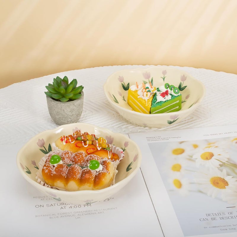Koythin Salad Bowls Set of 2 Cute Purple Tulip Flower Ceramic Bowls Cream Yellow Serving Bowl for Pasta Cereal Fruit Soup Rice Dishwasher and Microwave Safe Purple Tulip Set of 2 - Image 5