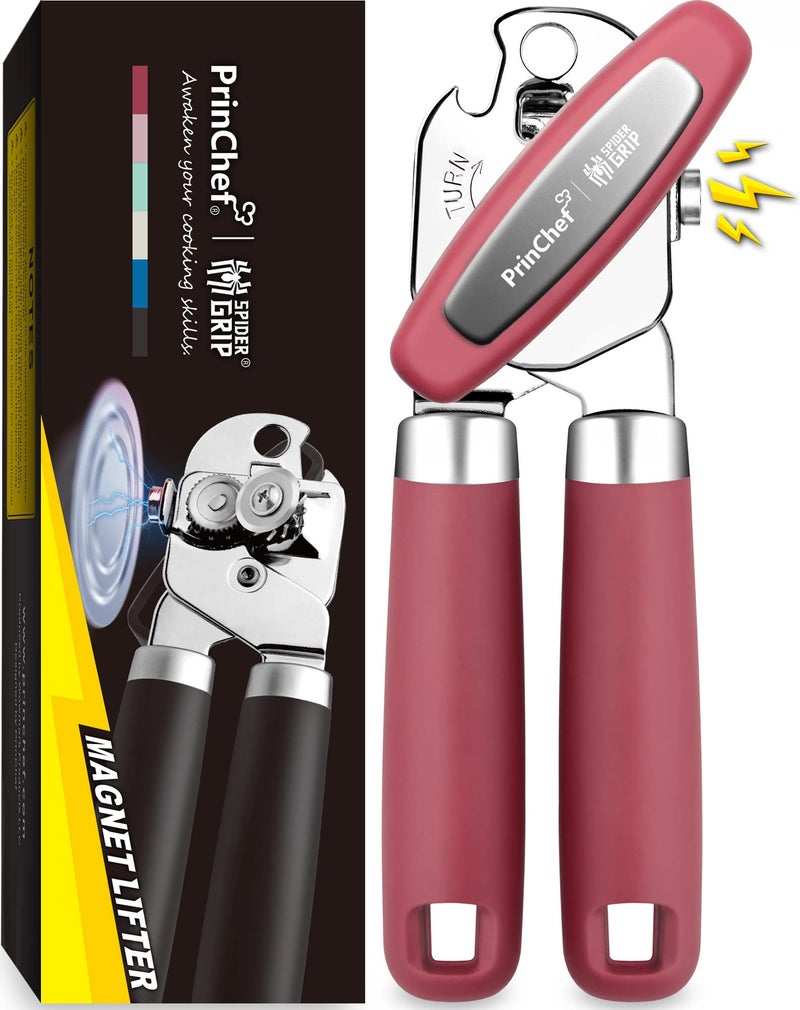 PrinChef Can Opener Manual Can Tin Bottle Opener with Magnet  NoTroubleLidLift Handheld Can Opener Smooth Edge with Sharp Blade Heavy Duty and Easy to Use for Seniors with Arthritis Red