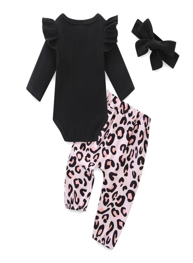 Bibimom Baby Girls Valentines Clothes Ribbed Black Bodysuit Cotton Cheetah Pants Bow Headband Set Fall Winter Outfits 9-12 Months - Image 2