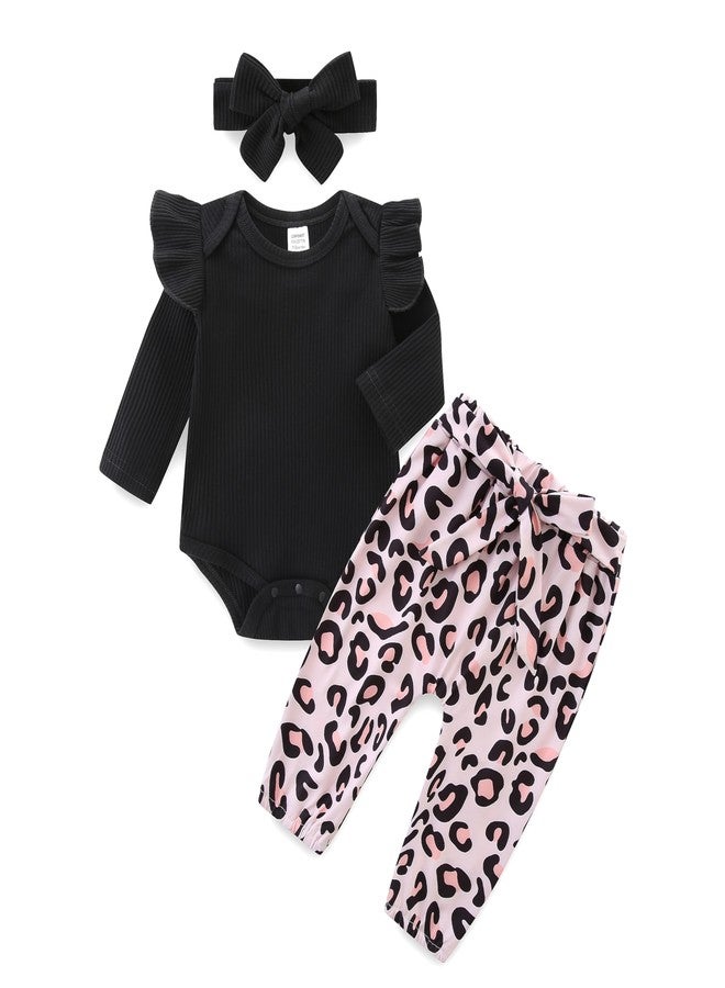 Bibimom Baby Girls Valentines Clothes Ribbed Black Bodysuit Cotton Cheetah Pants Bow Headband Set Fall Winter Outfits 9-12 Months - Image 1