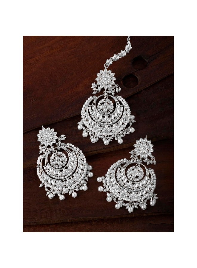 Peora Traditional Rhodium White Kundan & Pearl Maang Tikka with Chandbali Earring Jewellery Set for Women Girls - Image 2