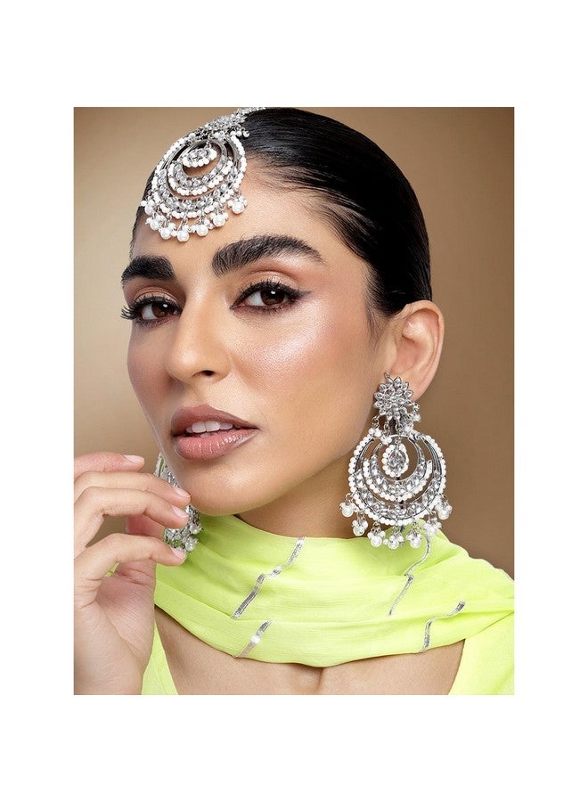 Peora Traditional Rhodium White Kundan & Pearl Maang Tikka with Chandbali Earring Jewellery Set for Women Girls - Image 3