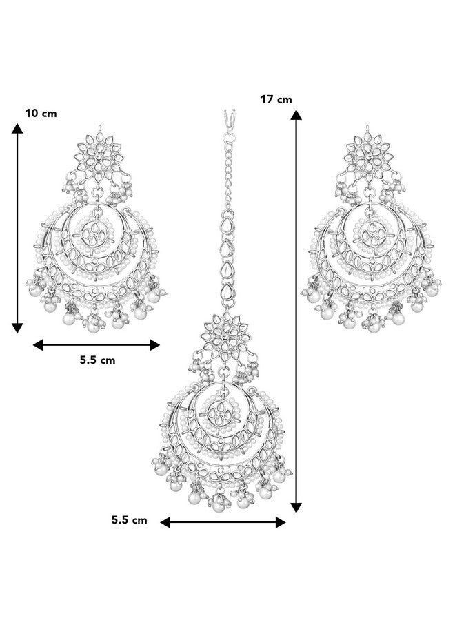 Peora Traditional Rhodium White Kundan & Pearl Maang Tikka with Chandbali Earring Jewellery Set for Women Girls - Image 5