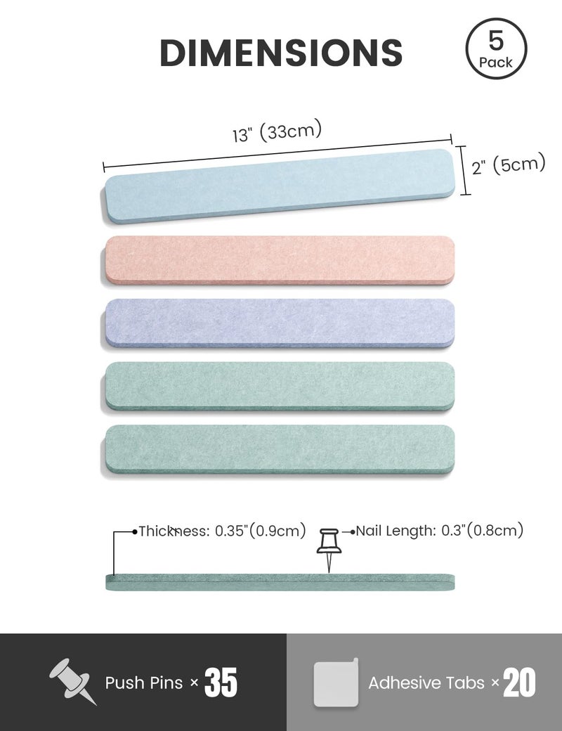 Fluxynara Cork Board Alternative Felt Strip Board 5-Pack 13"x2", Office Pin Board with 35 Push Pins, Adhesive Install for Bedroom Door & Home Office(Coastal Haze) - Image 2