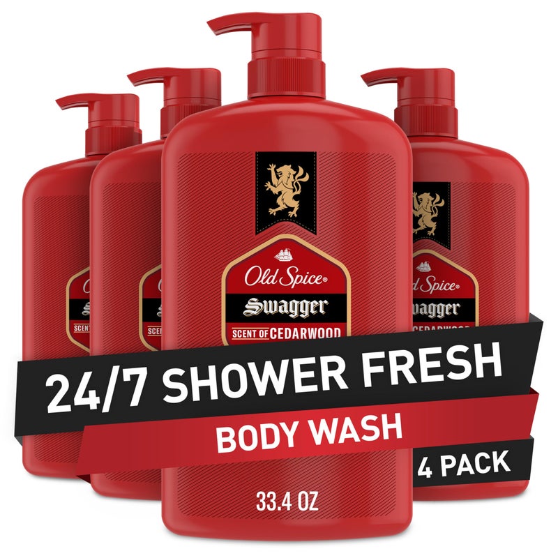 Old Spice Body Wash for Men, Refreshing 3X Defense, 24/7 Shower Fresh with Long Lasting Scent, Red Collection, Swagger with Cedarwood Scent, 33.4 oz (Pack of 4) - Image 1
