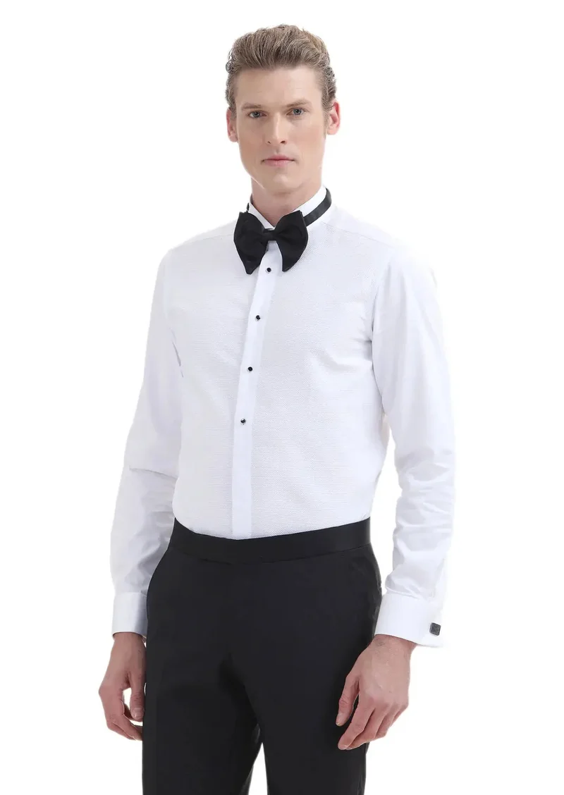 RAMSEY White Plain Slim Fit Double Cuff Wing Collar Tuxedo Shirts