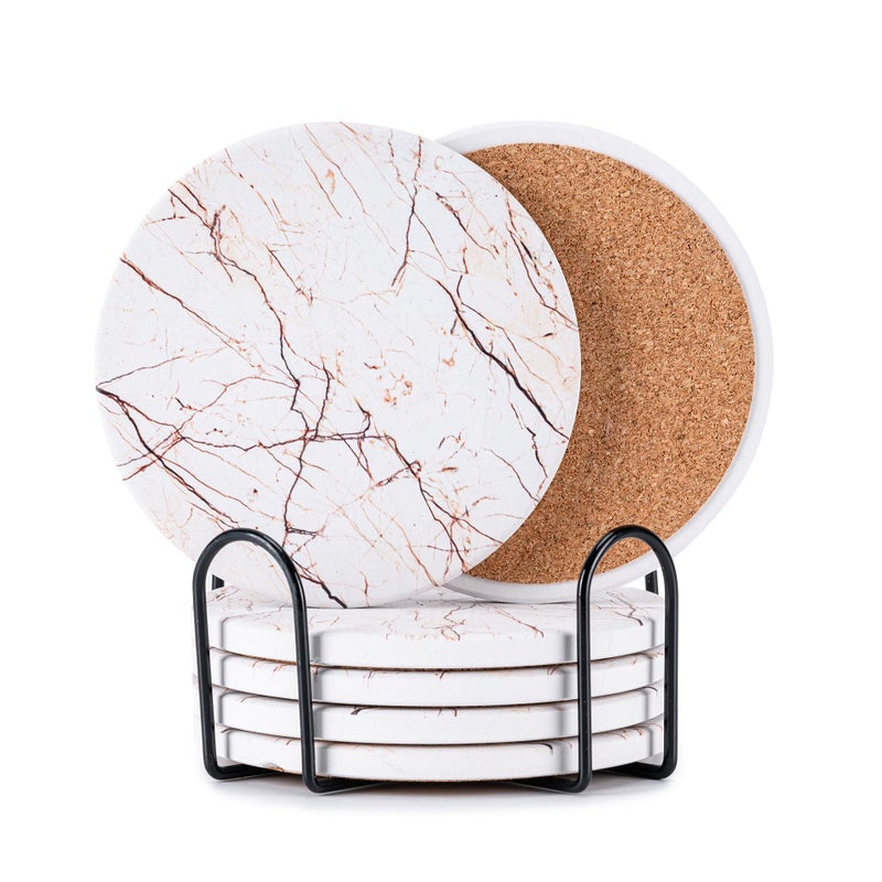 Hoewina 6Pcs Drink Coasters with Holder  Marble Style Ceramic Drink Coaster  Absorbent Coasters Set Suitable for Kinds of Cups  Modern Style Coasters for Coffee Table  4 Inches(Natural) - Image 1