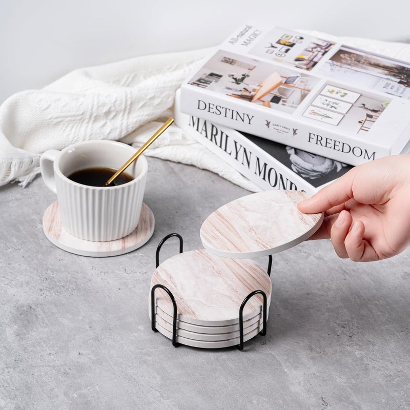 Hoewina 6Pcs Drink Coasters with Holder  Marble Style Ceramic Drink Coaster  Absorbent Coasters Set Suitable for Kinds of Cups  Modern Style Coasters for Coffee Table  4 Inches(Natural) - Image 5