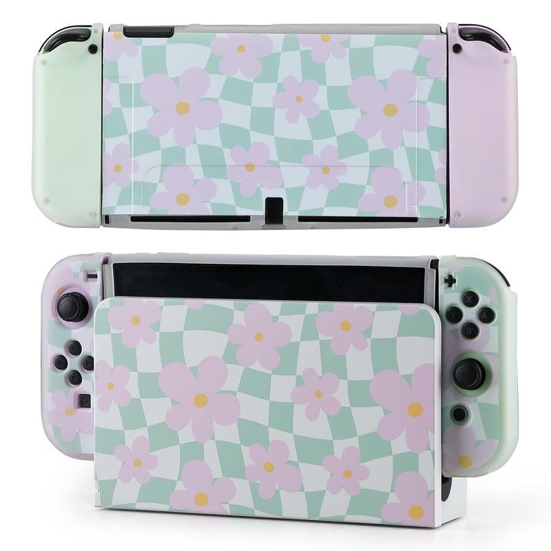 Casosexplorelab Protective Case for Switch OLED, Silicone Cover Shell Compatible with Nintendo Switch OLED Dockable Case Cozy Accessory Full Protection for Controller & Joy con-Sage Green Checker - Image 1