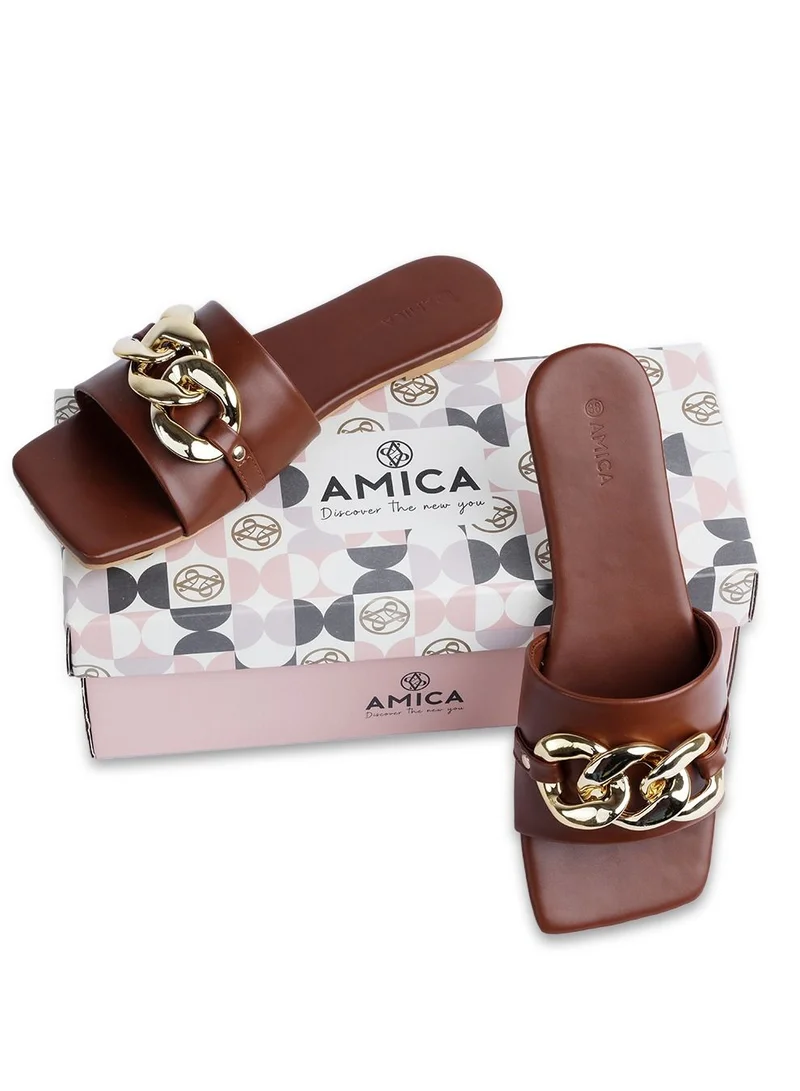 AMICA Nora Women's Square Open Flat Slide Leather Sandals with Embellished Trim- Size 37