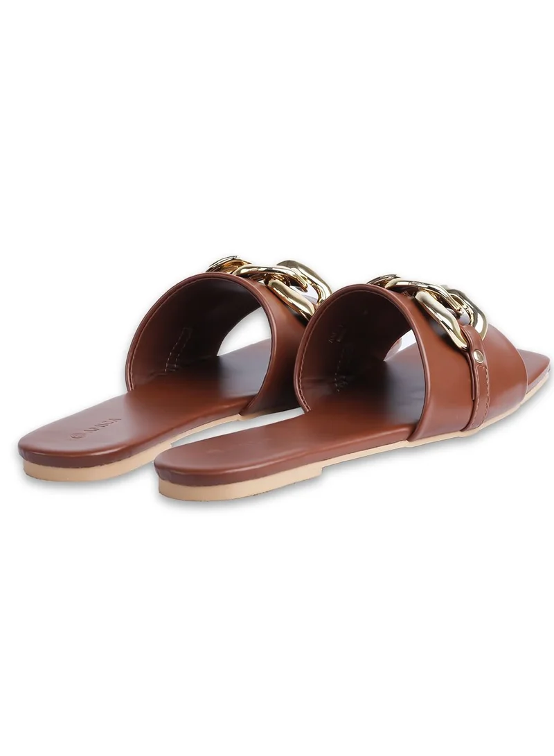 AMICA Nora Women's Square Open Flat Slide Leather Sandals with Embellished Trim- Size 37