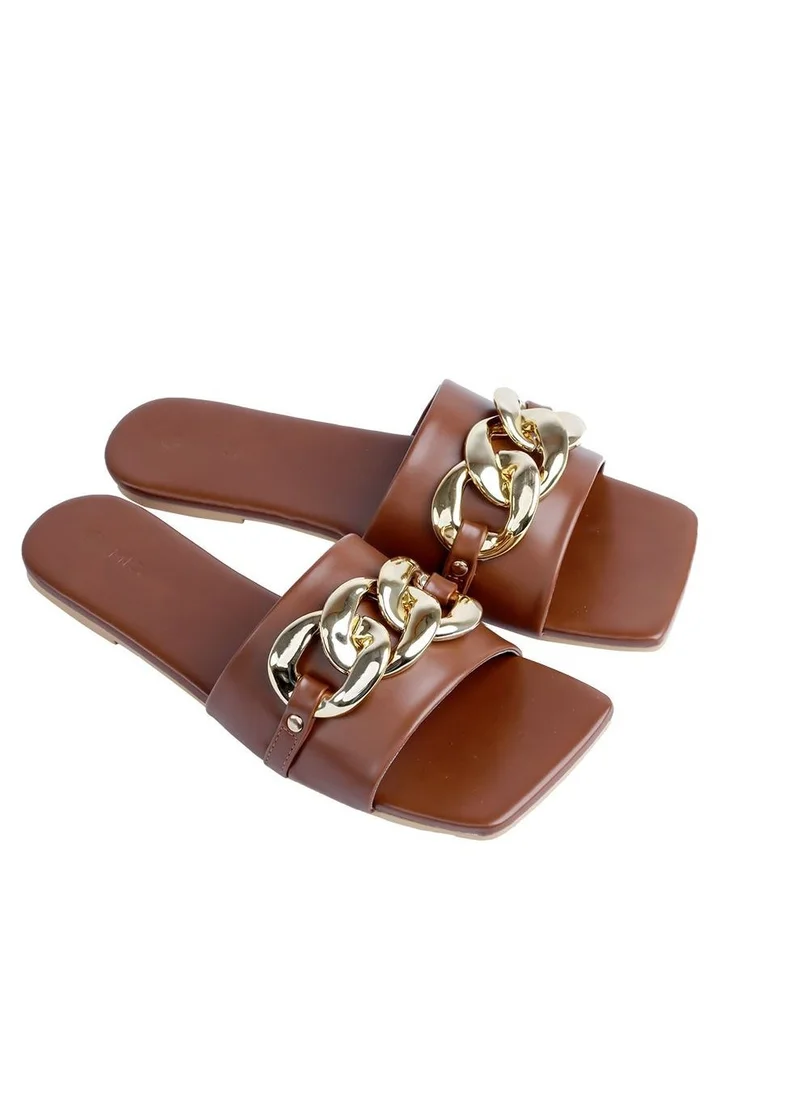 AMICA Nora Women's Square Open Flat Slide Leather Sandals with Embellished Trim- Size 37