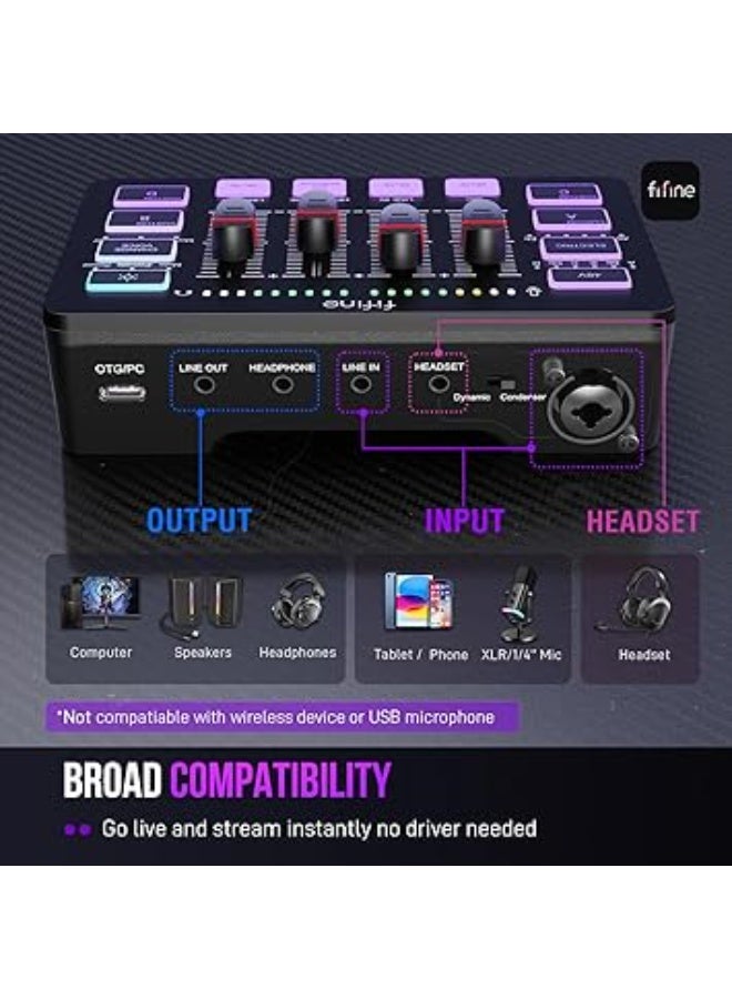 FIFINE Gaming Audio Mixer, Streaming RGB PC Mixer with XLR Microphone Interface, Individual Control, Volume Fader, Mute Button, 48V Phantom Power, for Podcast/Recording/Vocal/Game Voice- Ampli Game SC3 - Image 3