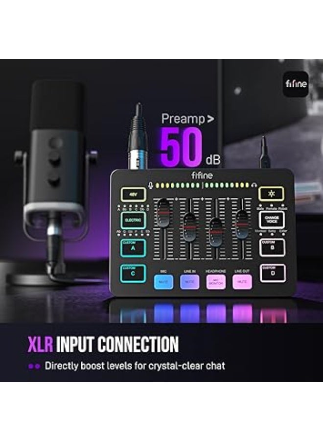 FIFINE Gaming Audio Mixer, Streaming RGB PC Mixer with XLR Microphone Interface, Individual Control, Volume Fader, Mute Button, 48V Phantom Power, for Podcast/Recording/Vocal/Game Voice- Ampli Game SC3 - Image 5