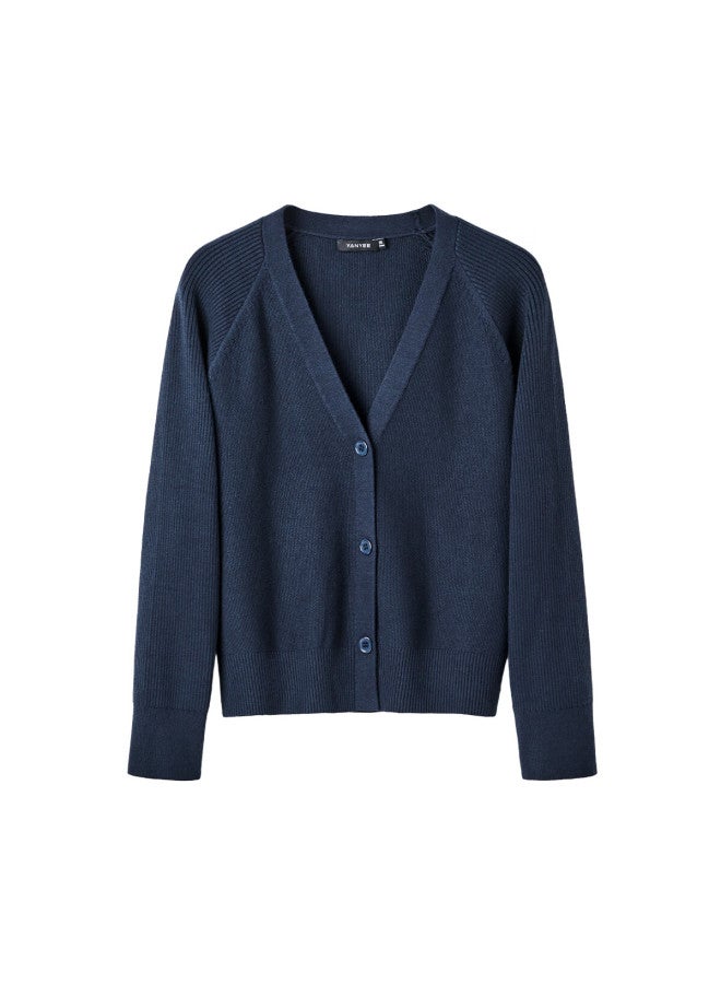Yanyee Simple Elegant Knit Sweater For Women, Autumn Commuter Outer Cardigan Long Sleeve V-neck Jacket, Navy Blue, S/36 - Image 3