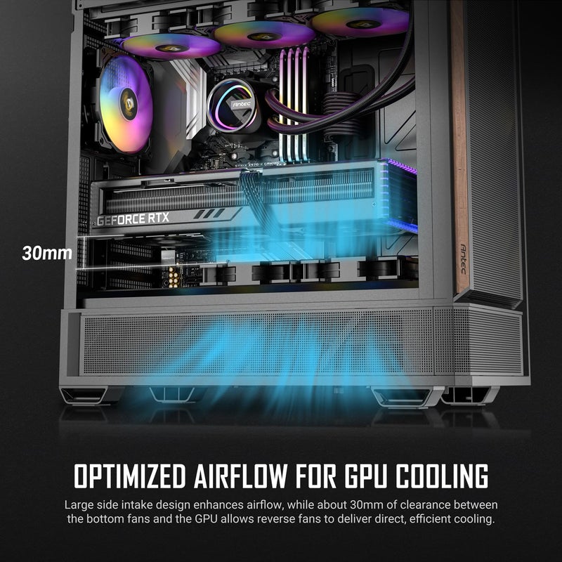 Antec P30 ARGB, 2 x 140mm PWM ARGB Fans & 1 x 120mm PWM ARGB Fan & 2 x 120mm PWM Reverse Fans Included, Premium Wood Accents, Optimized GPU Airflow, 360mm Radiator Support, Type-C, Mid-Tower ATX Case - Image 5