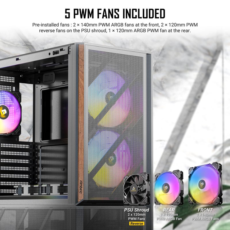 Antec P30 ARGB, 2 x 140mm PWM ARGB Fans & 1 x 120mm PWM ARGB Fan & 2 x 120mm PWM Reverse Fans Included, Premium Wood Accents, Optimized GPU Airflow, 360mm Radiator Support, Type-C, Mid-Tower ATX Case - Image 3