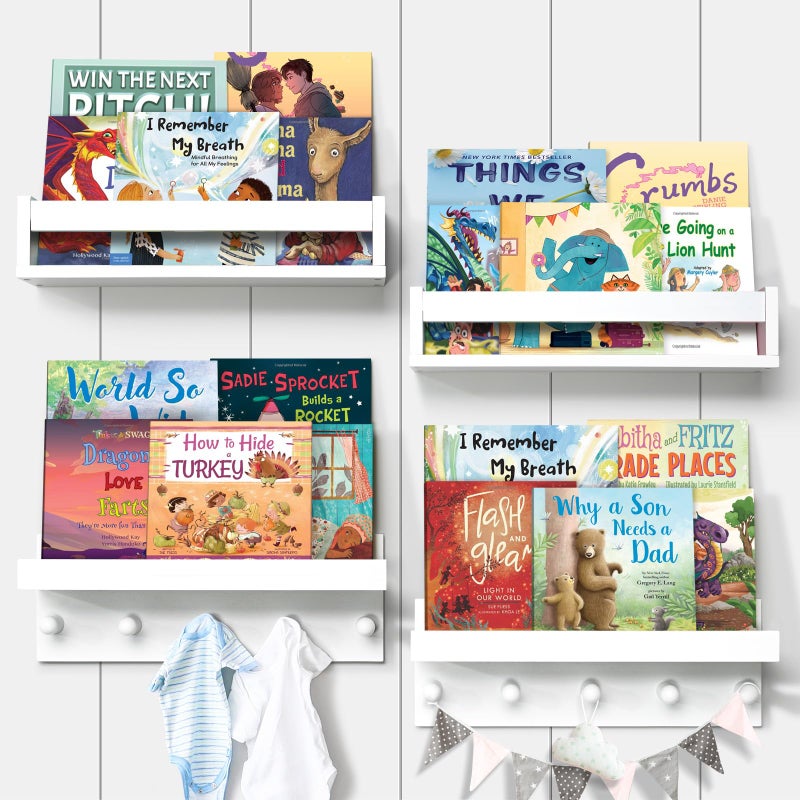 Ollieroo Set of Four Floating Book Shelves for Wall Nursery Book Shelf for Kids Room Bamboo Wood Hanging Bookshelf for Baby Teen Boys Girls Wall Mounted Shelves for Bedroom Bathroom DecorStraight