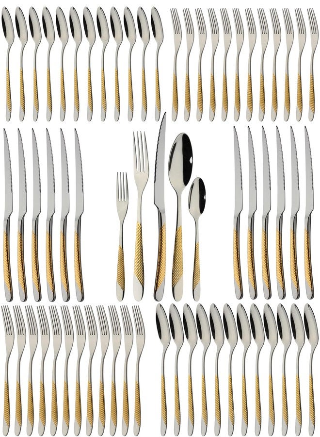 X-zrew Gold Silverware Set 60-Piece Stainless Steel Flatware Cutlery Set Service for 12 Kitchen Tableware Utensil Set Includes Knives Spoons Forks For Home Kitchen Restaurant - Image 1