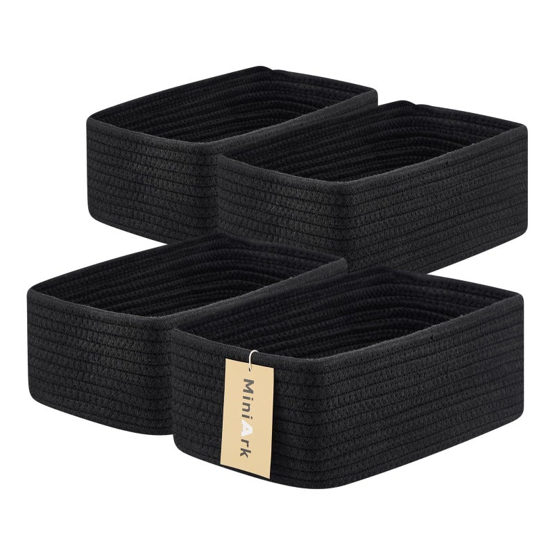 MiniArk Small Storage Baskets for Organizing | Closet Organizer Bins | Shelf Toy Basket | Woven Rope Baskets | Cube Decorative Box | Shallow Basket | 11.5x7.5x4.7â€ | 4 Packs Black - Image 1