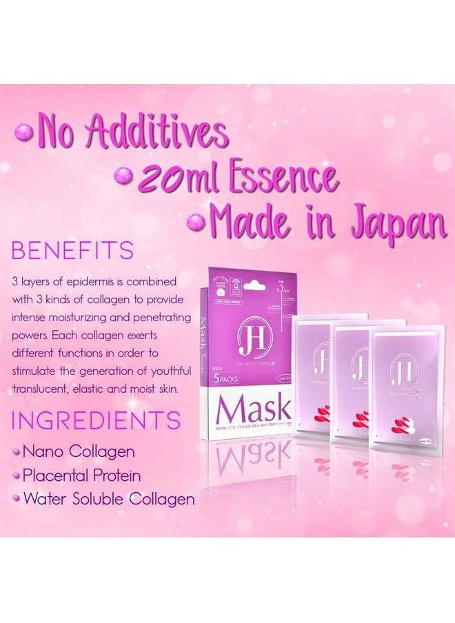 J&H Beauty - J&H Triple Collagen Facial Mask Sheet - Made in Japan - Anti-aging, Anti-wrinkle, Skin Firming, Rejuvenating, Brightening (Pack of 5) - Image 1