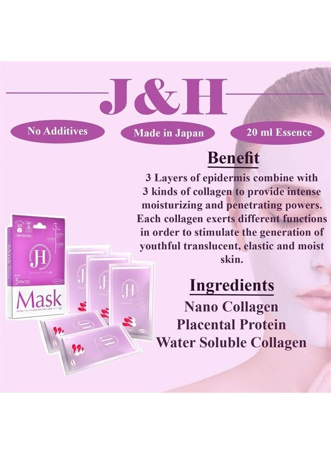 J&H Beauty - J&H Triple Collagen Facial Mask Sheet - Made in Japan - Anti-aging, Anti-wrinkle, Skin Firming, Rejuvenating, Brightening (Pack of 5) - Image 1